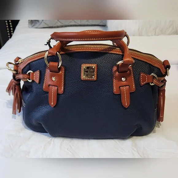 BRAND NEW Dooney & Bourke Navy and Tan Leather Satchel - Picture 2 of 6